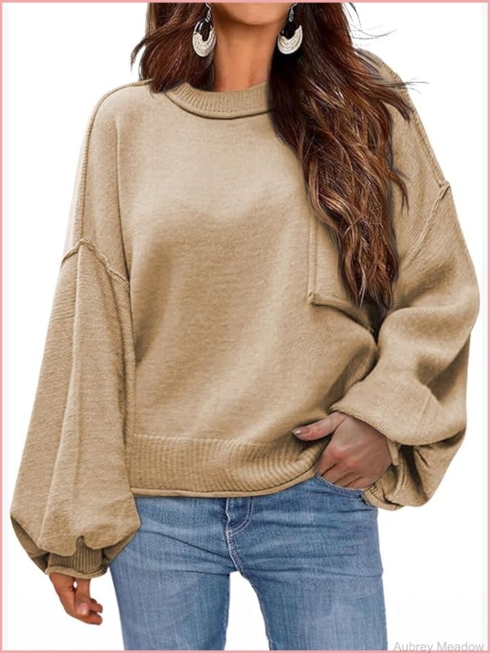 Womens Lantern Sleeve Pullover Sweater Ribbed Hem Knit Crewneck Top